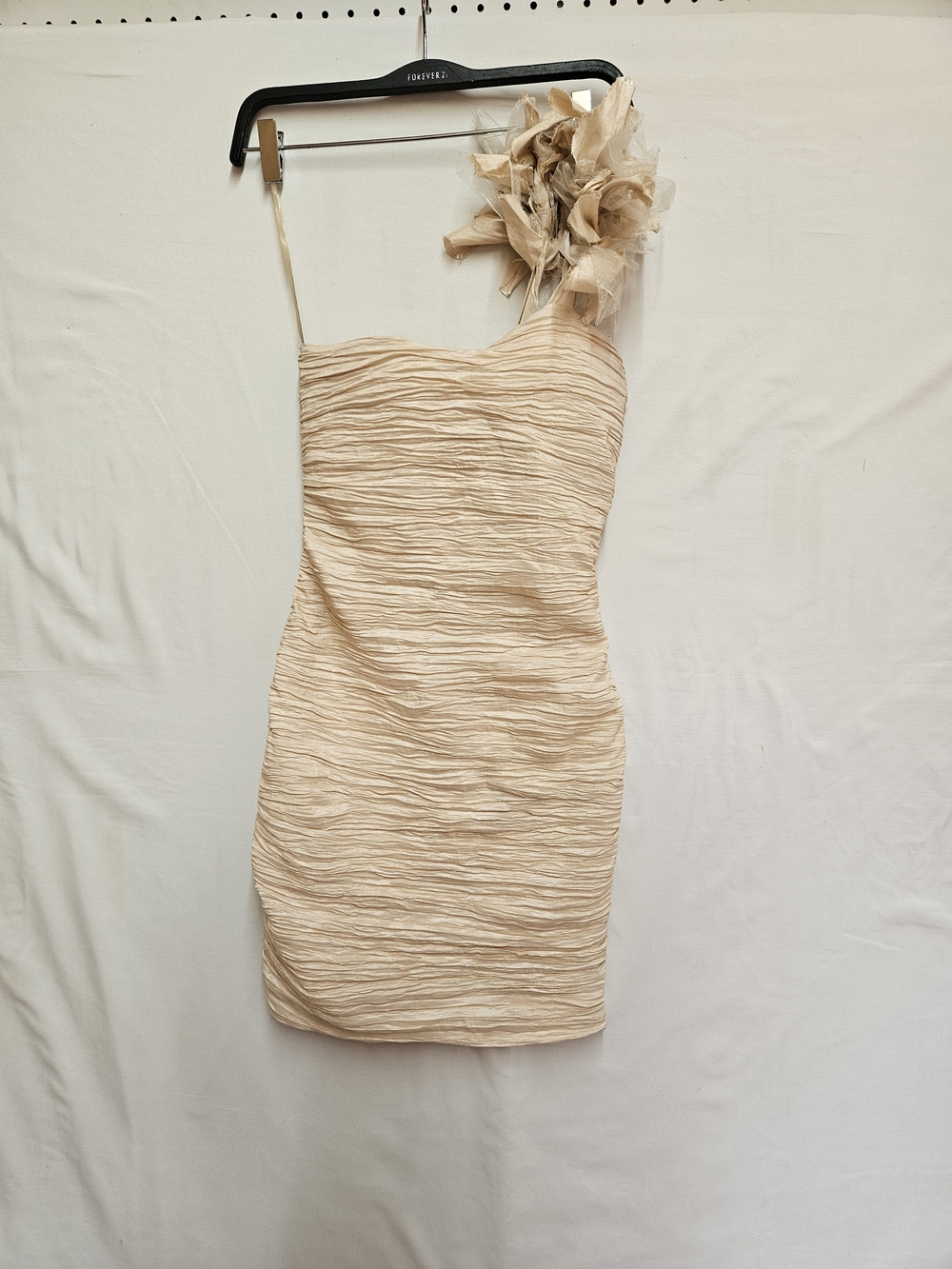 One-Shoulder Cream Ruching Cocktail Dress with Floral Accent